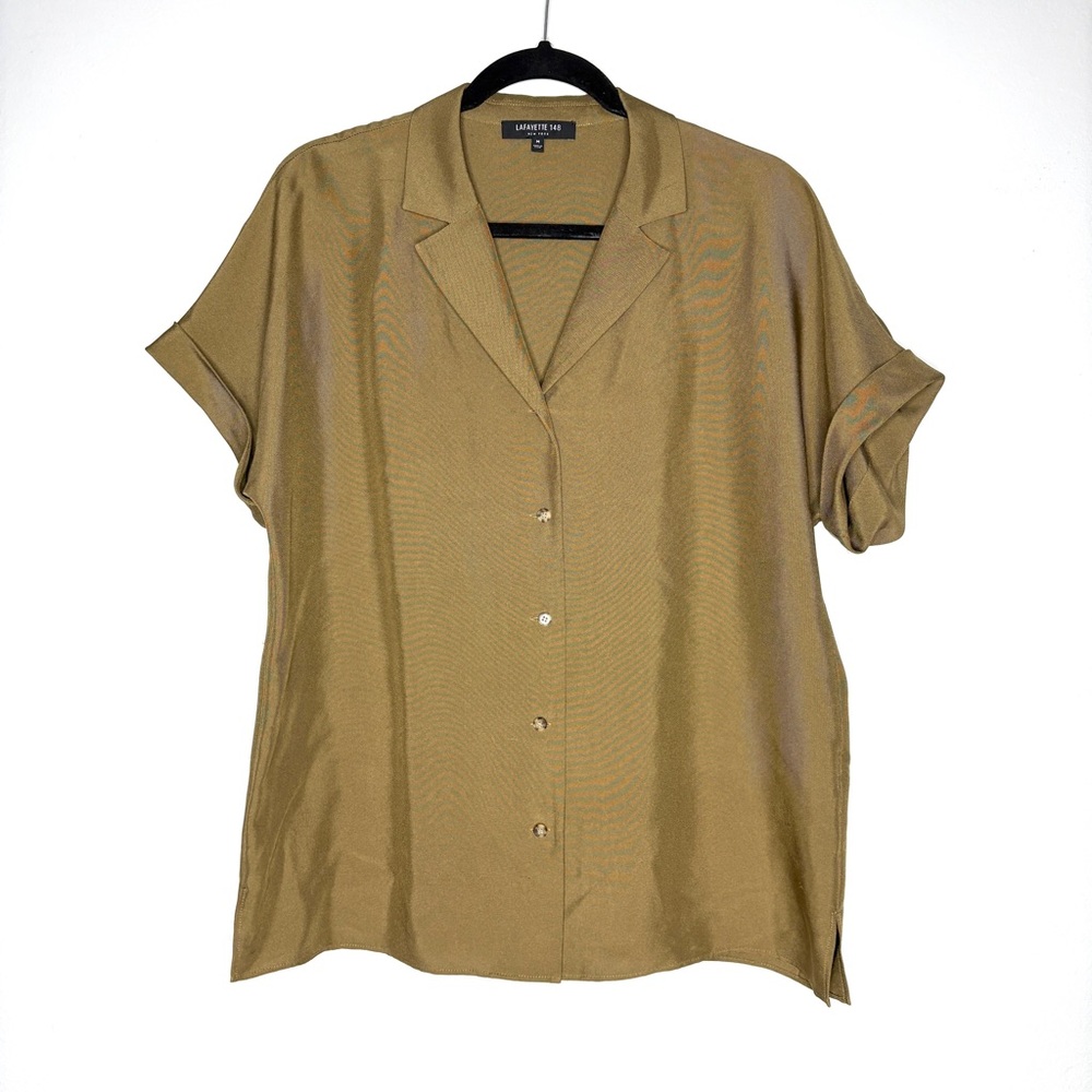 Lafayette 148 Sabine Silk Olive Green Short Sleeve Cuffed Button Down Top Size M
